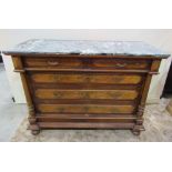 A 19th century walnut commode with decorative green, black, grey and white marble top over two short