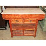 A good quality hardwood kitchen work/pastry table, with white marble top, the base enclosing a