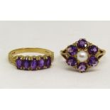Two 9ct amethyst dress rings; a floral cluster example centrally set with a pearl, size O/P and a