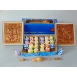 Handmade wooden toy collection including boxed Memory Trapdoor game, two dozen Surprise Fun Eggs,