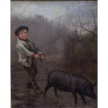 Alexander Fraser (Scottish 1827-1899) - Young boy struggling to lead a pig, oil on canvas, signed