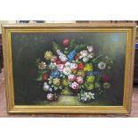 A substantial contemporary oil painting on canvas in the 17th century manner of a floral still life,