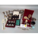 A mixed collection of silver and silver plate to include a cased set of six silver teaspoons with