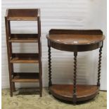 One lot of miscellaneous furniture to include a small oak demi-lune two tier side table, with barley