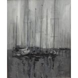 20th century British school - Study of a harbour scene with moored sailing vessels, grisaille