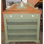 A painted pine open side cupboard with two shelves and three drawers set beneath an ashwood work