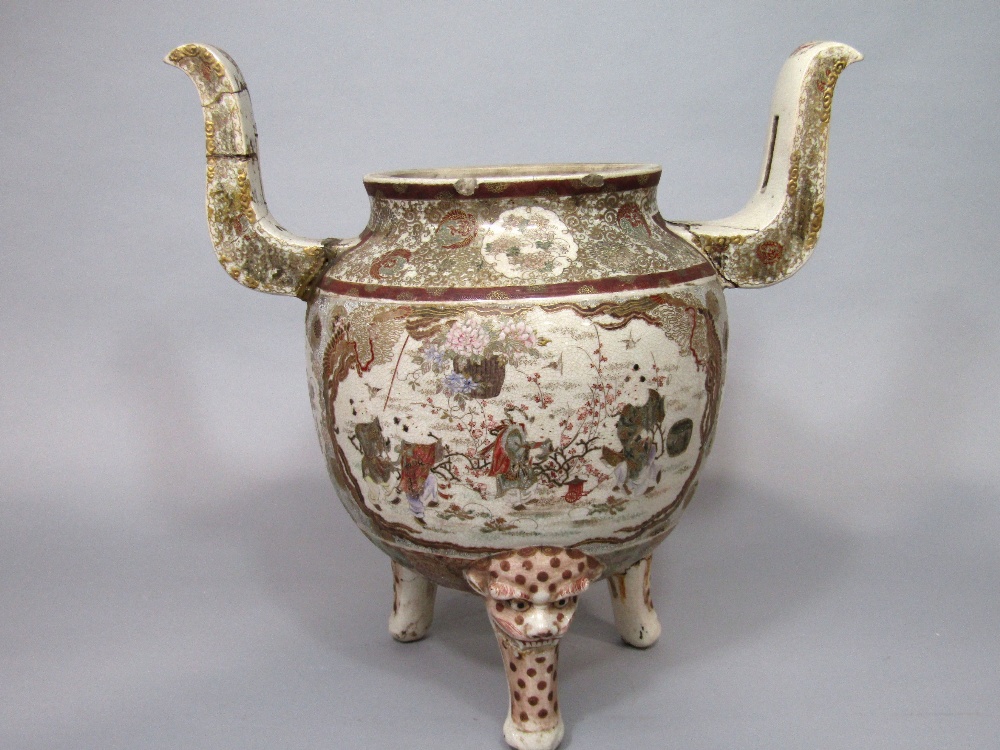 A large late 19th century Satsuma Koro type two handled vase, with painted and gilded decoration - Image 2 of 5