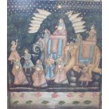 20th century Indian school - Procession of figures and elephants, watercolour on fabric panel, 94