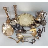 A box containing a collection of silver plated items, comprising a charger with cast rose detail,