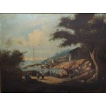 19th century Anglo-Chinese school - Harbour scene with figures, fishing vessels, etc, oil on canvas,