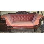 A William IV mahogany scroll end sofa, the carved showwood frame with acanthus and other detail,