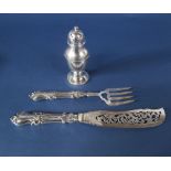 Good pair of Victorian silver fish serving cutlery comprising knife and fork, the knife with typical