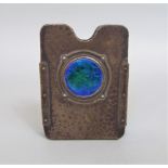 Liberty Tudric style Arts & Crafts hammered pewter playing card case with iridescent blue enamel