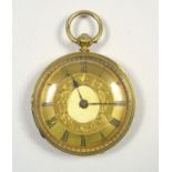 A VICTORIAN LADY'S 18 CT GOLD POCKET WATCH WITH A CIRCULAR DIAL ENCLOSING A KEY WIND MOVEMENT,