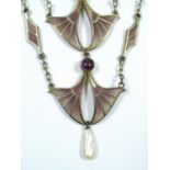 FRENCH SILVER GILT ART NOUVEAU 'PLIQUE A JOUR' PENDANT NECKLACE WITH AMETHYST ENAMEL AND AMETHYST