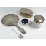 SILVER THREE PIECE DRESSING TABLE SET COMPRISING A HAND MIRROR, HAIR BRUSH AND SILVER COVERED JAR,