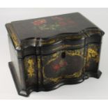 VICTORIAN PAPIER MACHE RECTANGULAR TEA CADDY WITH A SHAPED SERPENTINE FRONT, PAINTED WITH FLORAL AND