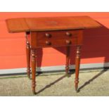 VICTORIAN MAHOGANY TWO DRAWER DROP LEAF WORK TABLE ON TURNED TAPERING LEGS (H. 73.5, W.57, D. 46 CM)