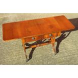 YEWWOOD SOFA TABLE, TWO DRAWERS AND TWO DUMMY DRAWERS ON LYRE SUPPORTS, FOUR SPLAYED LEGS ON CLAW
