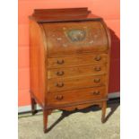 EDWARDIAN MAHOGANY CYLINDER TOP BUREAU, PAINTED WITH TWO CHERUBS AND SCROLLING FLORAL DECORATION