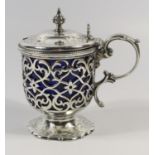 SILVER VICTORIAN CIRCULAR MUSTARD POT WITH PIERCED SCROLL AND FLORAL DECORATION, SROLL HANDLE AND