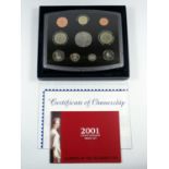 FIVE PROOF SETS OF COINS, 2001, £5 - 1 PENCE, No. 7170, WITH C OF A, 2002 - 2005, WITH C OF A'S,