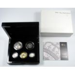 SILVER PIEDFORT PROOF SET OF ELIZABETH II COINS, £5 - 50 PENCE, 2010, (5) WITH C OF A, CASED AND