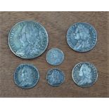 GEORGE II HALFCROWN, LIMA, 1745, SHILLING, 1745, LIMA, 6d's, 1746, LIMA, 1758, AND 2d's, 1732 AND