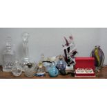 PAIR OF BACCARAT SALTS, CASED, GLASS ORNAMENT, SCENT BOTTLES AND TWO DECANTERS.