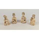 SET OF FOUR JAPANESE CARVED IVORY OKIMONOS AS GEISHAS, TWO PLAYING MUSICAL INSTRUMENTS, MEIJI PERIOD