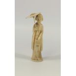 JAPANESE CARVED IVORY OKIMONO AS A COURTESAN, STANDING AND HOLDING A PARASOL, MEIJI PERIOD (H.11.5