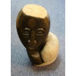 HEAVY CARVED STONE NATIVE BUST OF A MAN, SIGNED 'E KAGODA', (H. 34.5 CM)