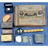 VICTORIAN CARVED OAK RECTANGULAR PARTNERS' INK STAND WITH TWO CUT GLASS WELLS EACH WITH A DOUBLE