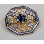 9 CT GOLD OCTAGONAL OPEN BROOCH SET SIX SAPPHIRES AND NINE DIAMONDS, CASED, 4.5 GRAMS