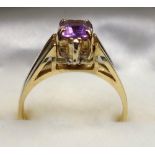 YELLOW METAL REVERSIBLE DRESS RING STAMPED 14 K, SIZE N 1/2, SET DIAMONDS AND AMETHYST, GROSS WEIGHT