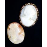 YELLOW METAL CAMEO BROOCH STAMPED 585, METAL WEIGHT 7.6 GRAMS, AND A LOOSE CAMEO. (2)