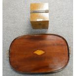 EDWARDIAN INLAID MAHOGANY BUTLER'S TRAY AND A BARIUM SULPHATE SOIL TESTING KIT (2)
