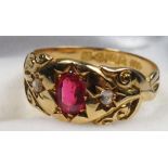 18 CT GOLD, DIAMOND AND RUBY GYPSY RING, SIZE P, SET THREE STONES, CHESTER, 1912, GROSS WEIGHT