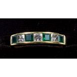 18 CT GOLD EMERALD AND DIAMOND HALF ETERNITY RING, SIZE R, DIAMONDS 0.4 CT, 3.7 GRAMS