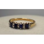 9 CT GOLD RING SET FOUR SAPPHIRES AND TEN DIAMONDS, SIZE M, 1.8 GRAMS