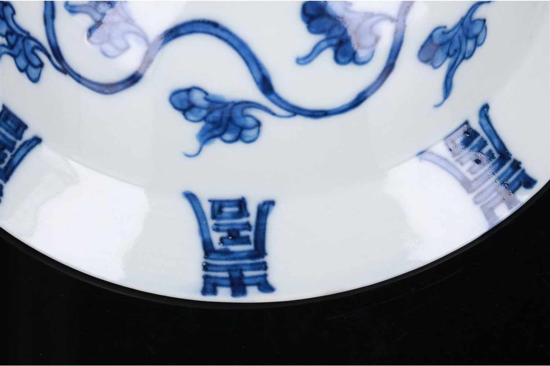 A lot of three blue and white porcelain bowls, decorated with flowers and Shou sign. Marked with 6- - Image 9 of 10