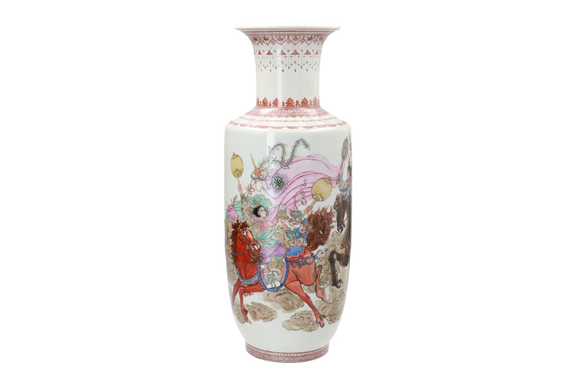 A polychrome porcelain vase, decorated with warriors on horses and characters. Marked with seal mark - Image 4 of 9