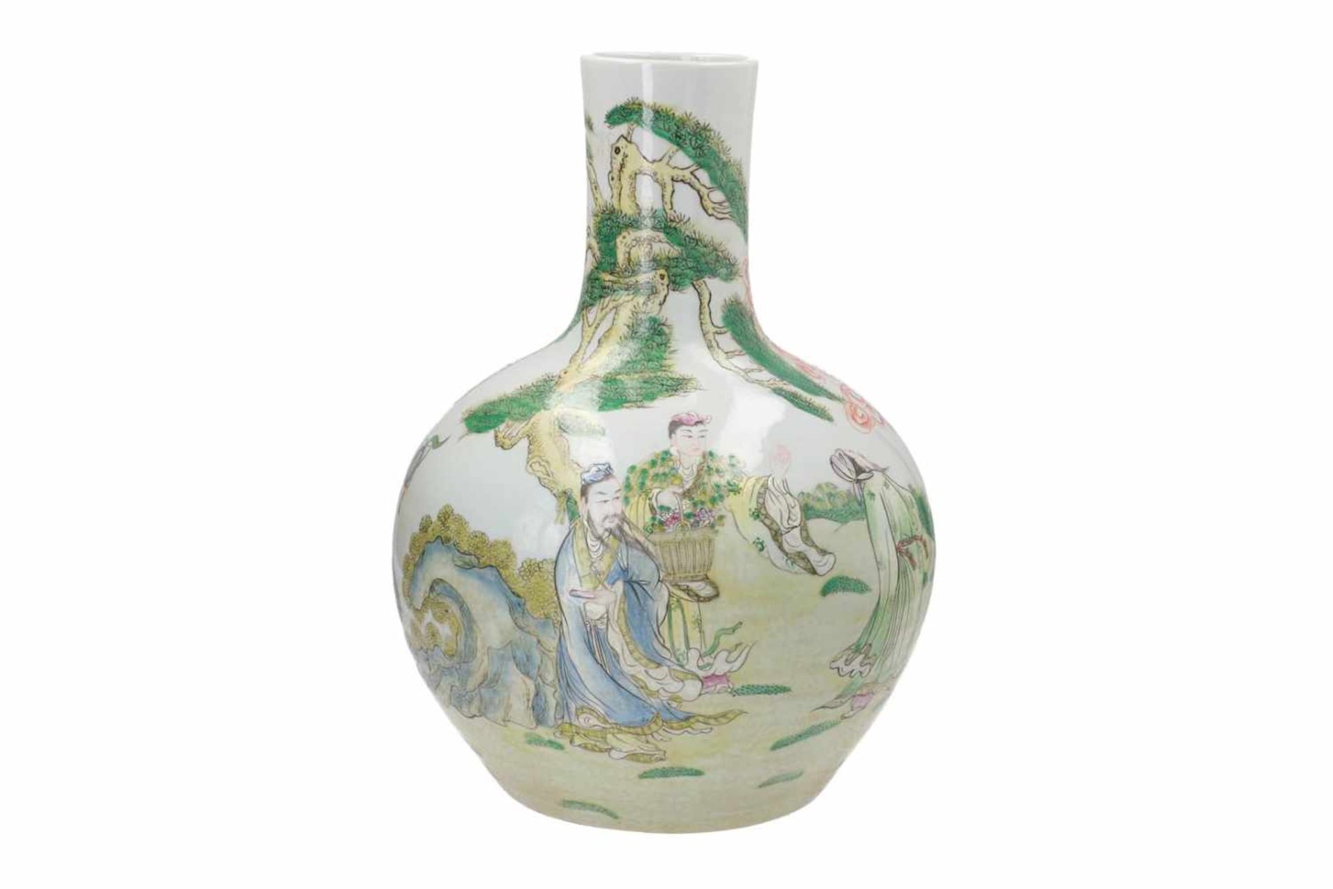 A polychrome porcelain vase, decorated with figures and musicians. Marked with seal mark Kangxi.