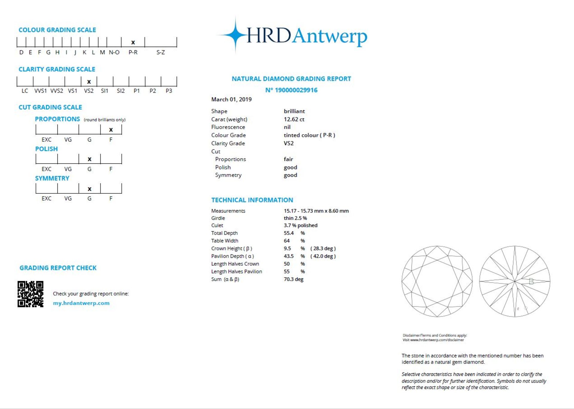 Loose round brilliant cut diamond of 12.62 ct. With HRD Antwerp report March 01, 2019, N. - Image 3 of 8