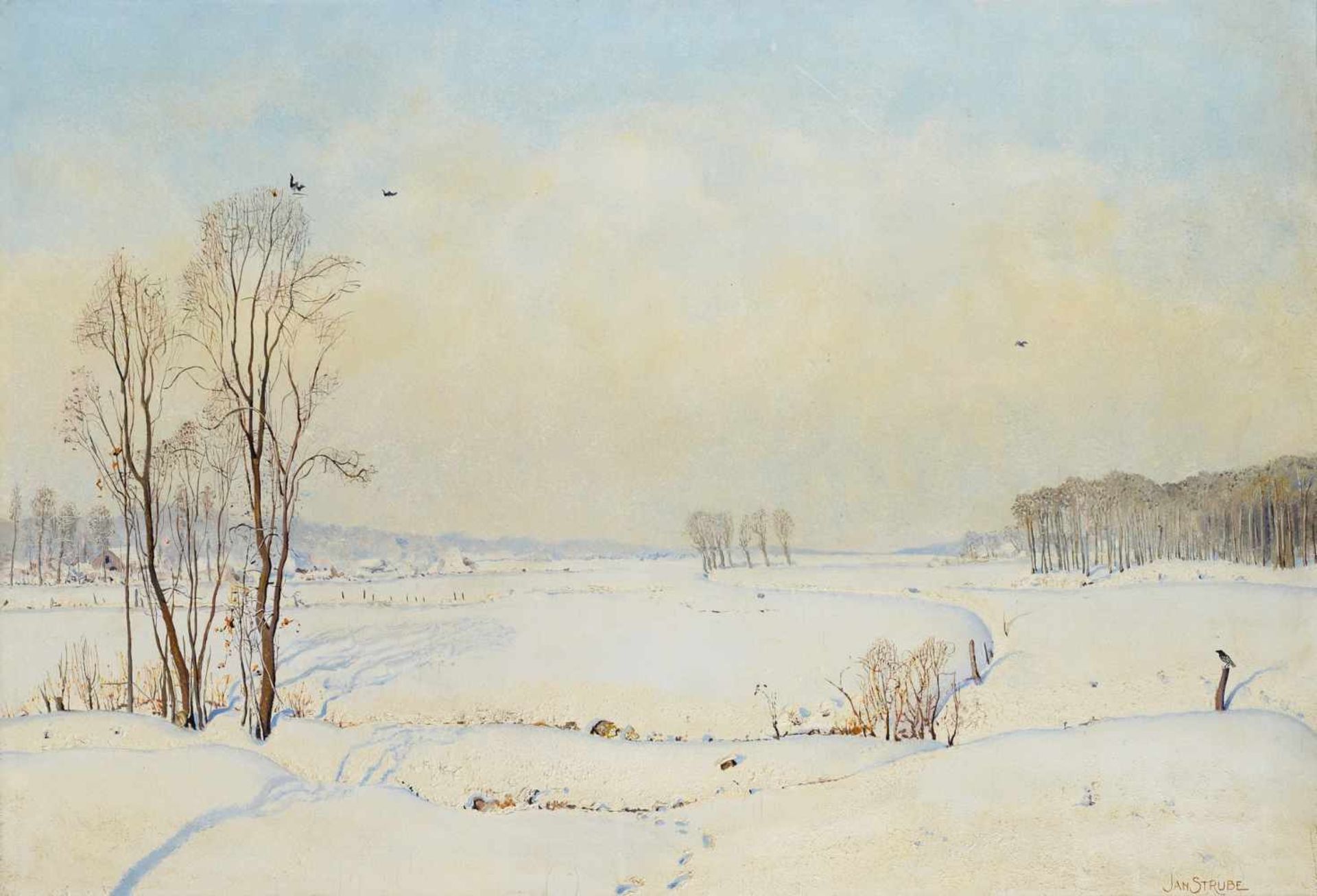 Jan Strube (1892-1985) 'Het Markdal te Breda in de winter', gesigneerd r.o., paneel. Afm. 70 x 102