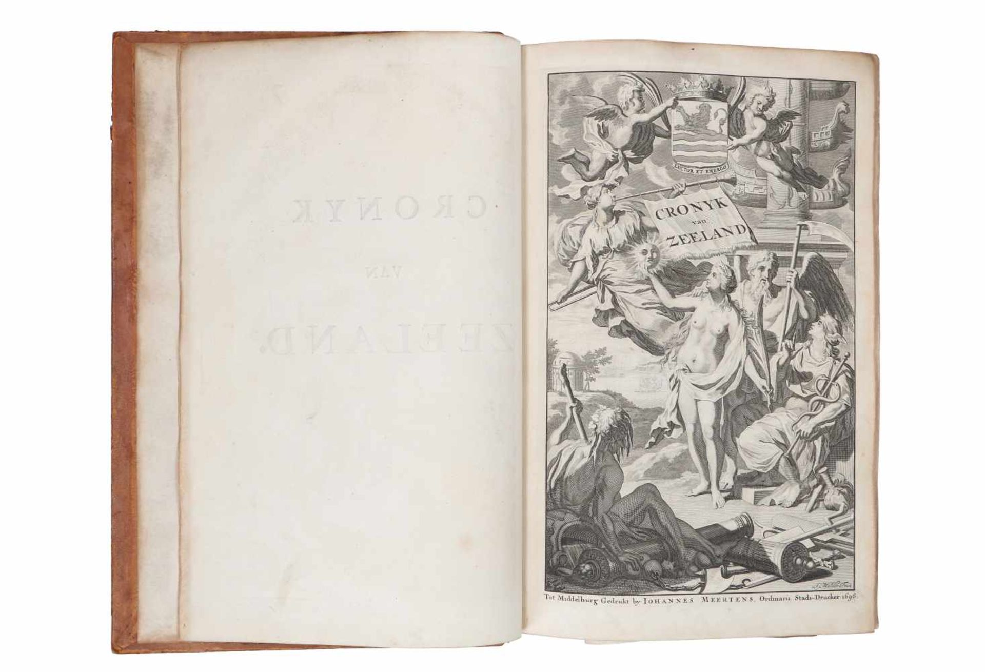 Boek: 'Nieuwe Cronyk van Zeeland', door M. Smallegange, 1696. In 19-eeuwse lederen band. - Image 3 of 5
