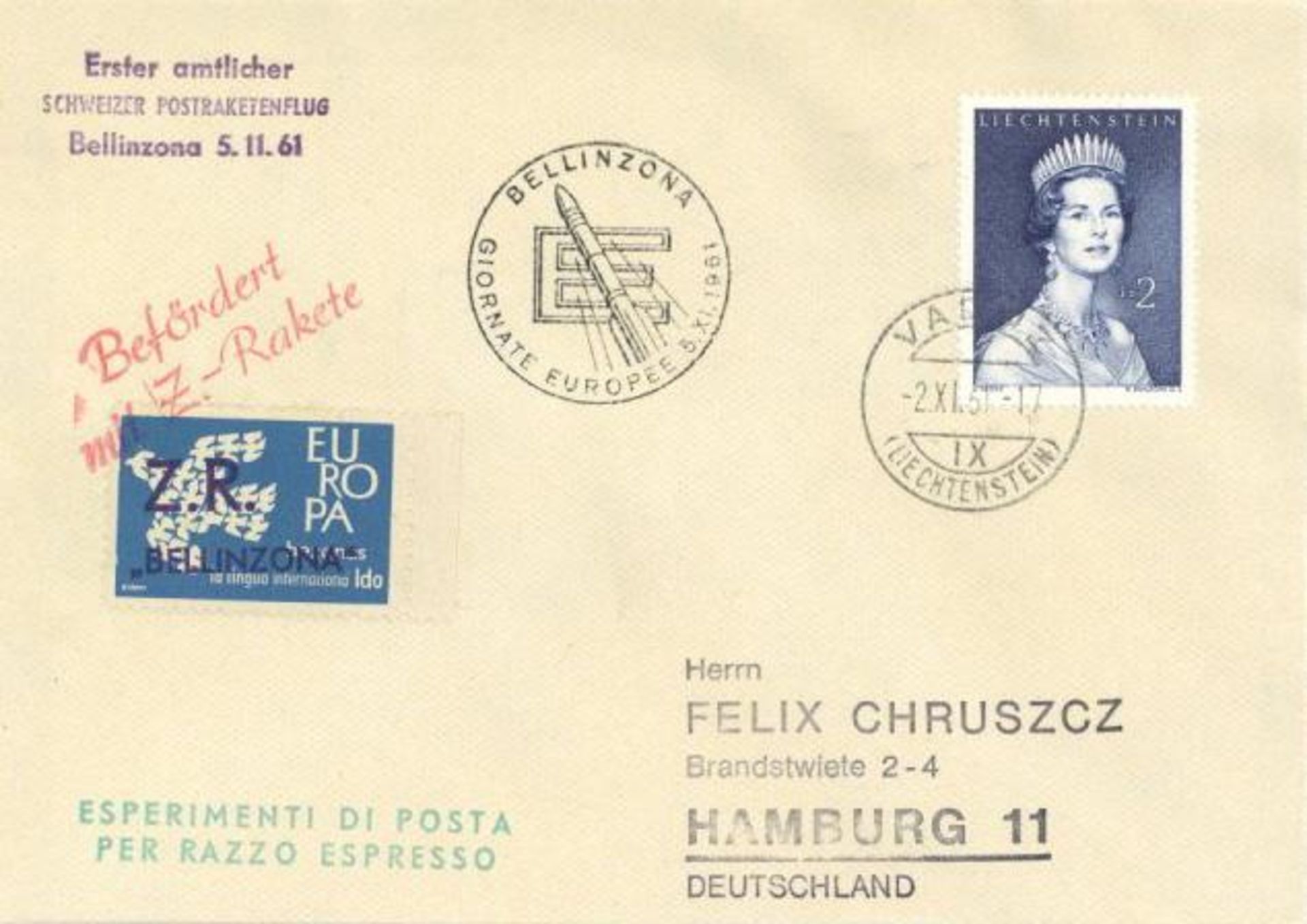 Liechtenstein Flugpost 1961 Brief von Vaduz nach Hamburg Beförderung mit Zucker-Rakete mit rotem