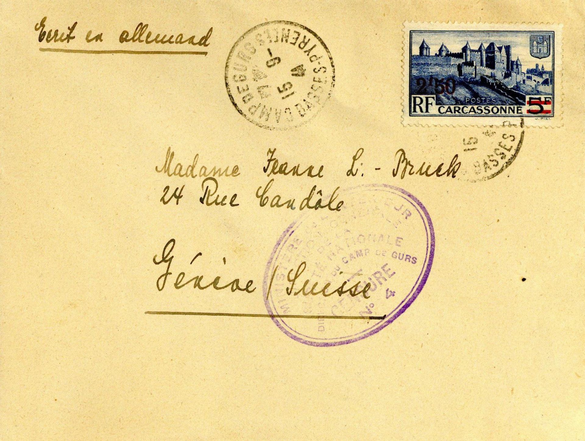 1941 KZ-Post Brief aus dem Lager Gurs/Pyrenäen nach Genf mit französischer Lagerzensur, selten