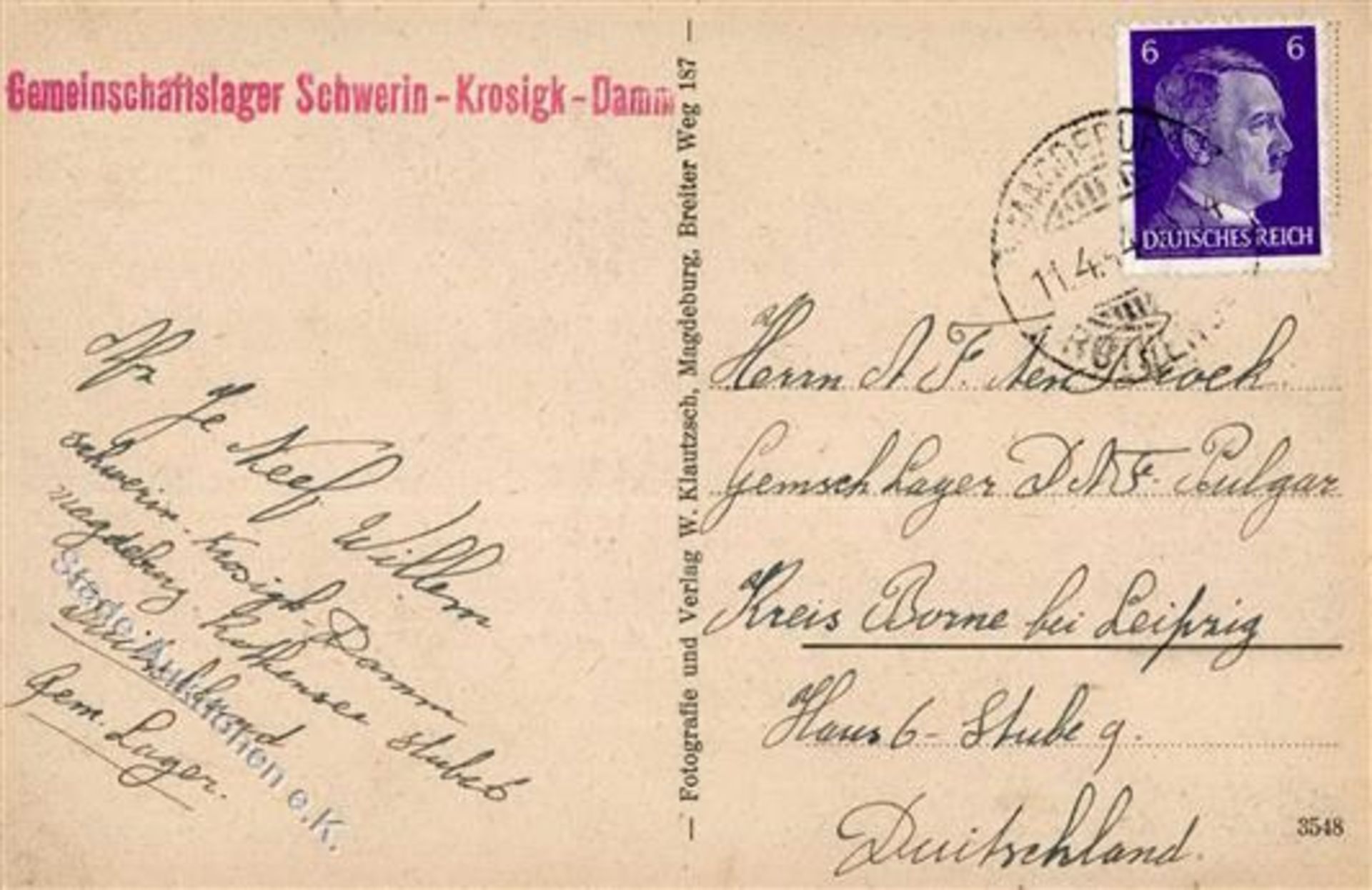 1944 KZ-Post Karte vom Lager Schwerin-Krosigk-Damm aus Magdeburg (dort befand sich das KZ) in ein