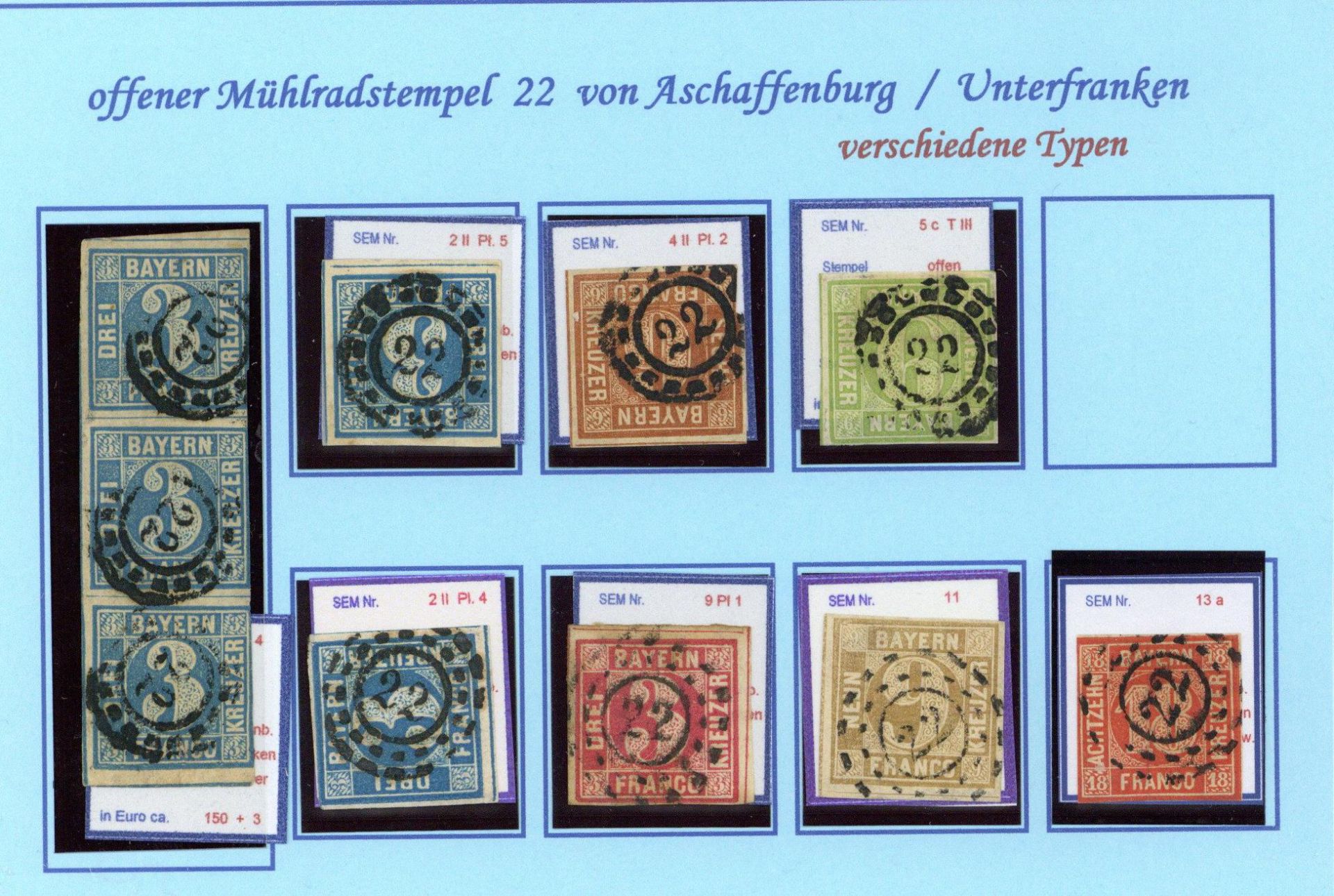 BAYERN - Stempel, meist oMR 22" (Aschaffenburg), kleines Sammellot dabei 7 Einzelmarken und 1 3er-